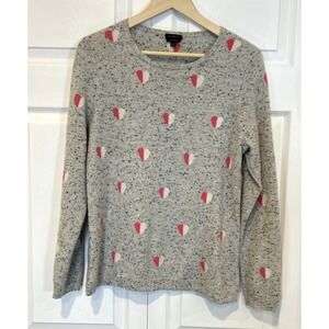 Talbots Sweater L Gray Speckled 100% Cashmere Pink Novelty‎ Heart Print
